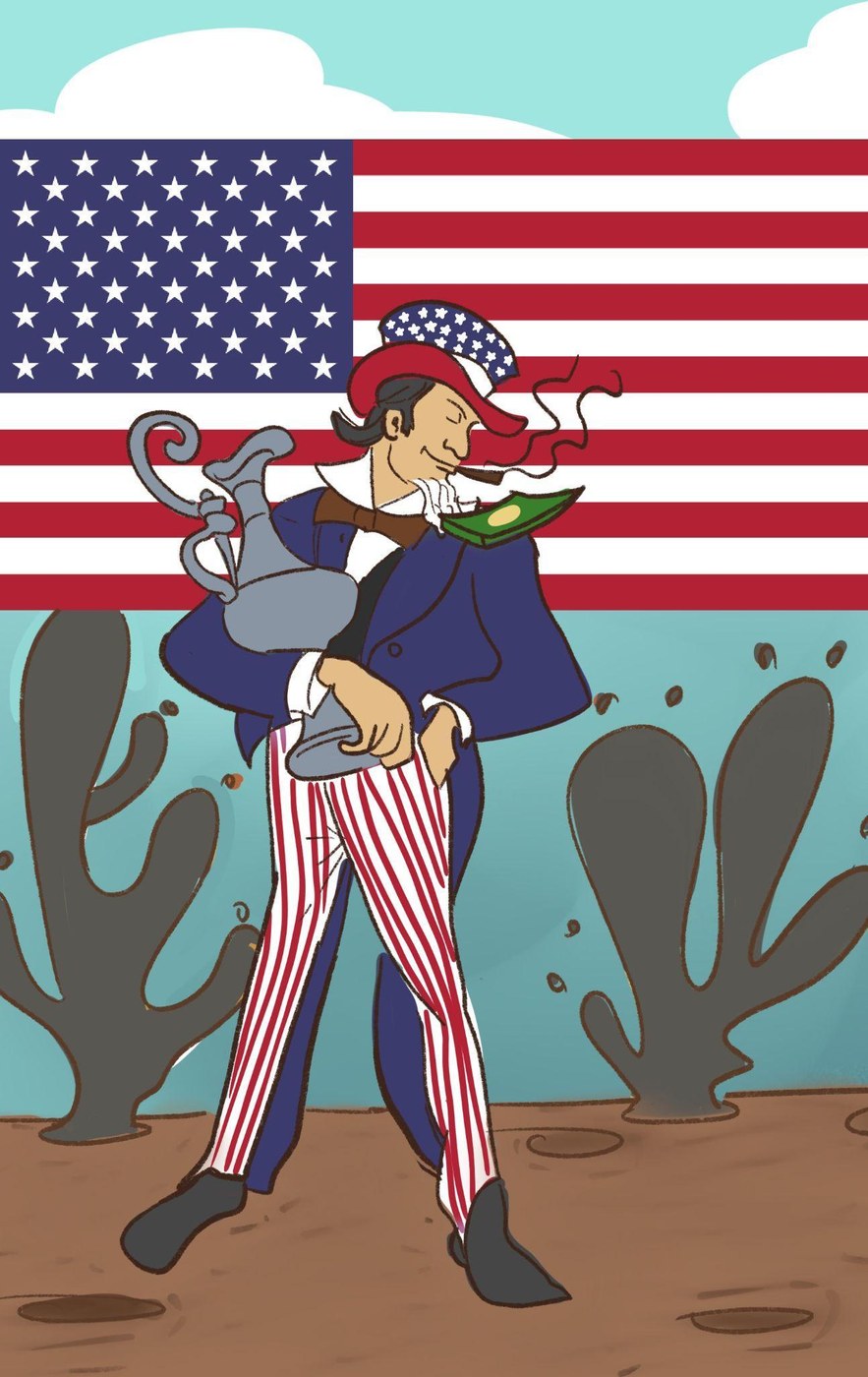 Uncle Sam with an oil drum against the American flag